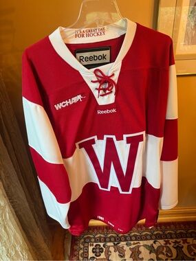 Reebok Wisconsin Red & White Hockey Jersey - W Logo